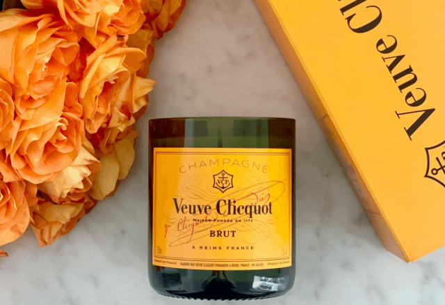 Fragranced Candle in Upcycled Veuve Cliquot bottle in situ
